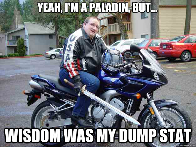 Yeah, I'm a Paladin, but... Wisdom was my dump stat  Biker Nerd