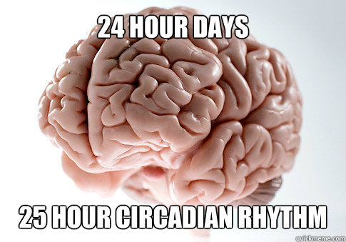 24 Hour Days  25 Hour Circadian Rhythm  Get the [AdviceAnimals Chrome extension!](http://www.livememe.com/extension)  Scumbag Brain