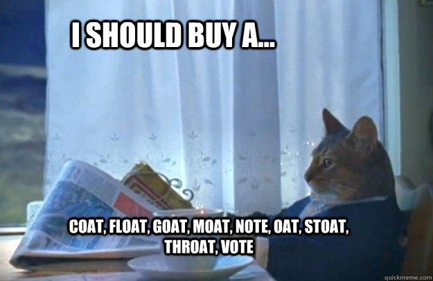 I should buy a... coat, float, goat, moat, note, oat, stoat, throat, vote - I should buy a... coat, float, goat, moat, note, oat, stoat, throat, vote  Sophisticated Cat