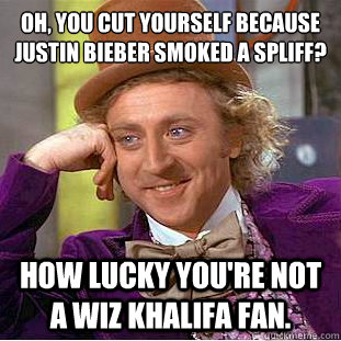 OH, YOU CUT YOURSELF BECAUSE JUSTIN BIEBER SMOKED A SPLIFF?
 HOW LUCKY YOU'RE NOT A WIZ KHALIFA FAN. - OH, YOU CUT YOURSELF BECAUSE JUSTIN BIEBER SMOKED A SPLIFF?
 HOW LUCKY YOU'RE NOT A WIZ KHALIFA FAN.  Condescending Wonka