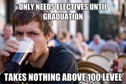 only needs electives until graduation takes nothing above 100 level  Lazy College Senior