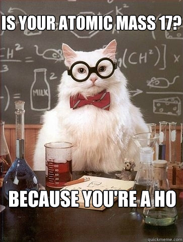 IS YOUR ATOMIC MASS 17? BECAUSE YOU'RE A HO - IS YOUR ATOMIC MASS 17? BECAUSE YOU'RE A HO  Chemistry Cat