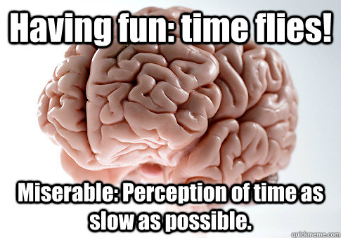 Having fun: time flies! Miserable: Perception of time as slow as possible.   Scumbag Brain