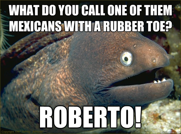 What do you call one of them mexicans with a rubber toe? Roberto!  Bad Joke Eel