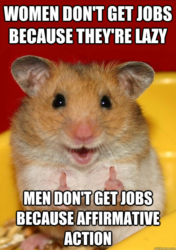 Women don't get jobs because they're lazy men don't get jobs because affirmative action  - Women don't get jobs because they're lazy men don't get jobs because affirmative action   Rationalization Hamster