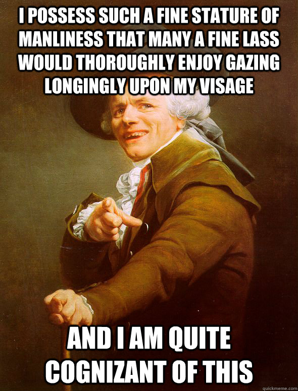 I possess such a fine stature of manliness that many a fine lass would thoroughly enjoy gazing longingly upon my visage and I am quite cognizant of this  Joseph Ducreux