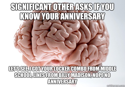 Significant other asks if you know your anniversary Let's see, I got your locker combo from middle school, lines from billy Madison, nope no anniversary  Scumbag Brain