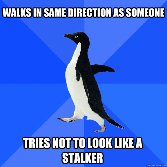 Walks in same direction as someone Tries not to look like a stalker    Socially Awkward Penguin