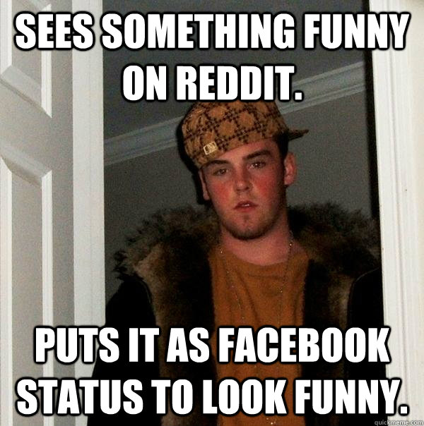 Sees something funny on reddit. Puts it as facebook status to look funny.  Scumbag Steve