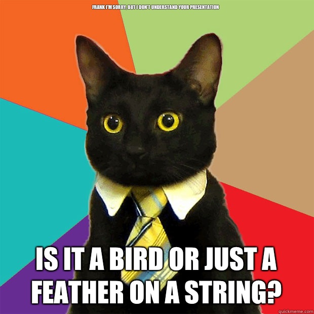 frank i'm sorry, but i don't understand your presentation is it a bird or just a feather on a string?  Business Cat