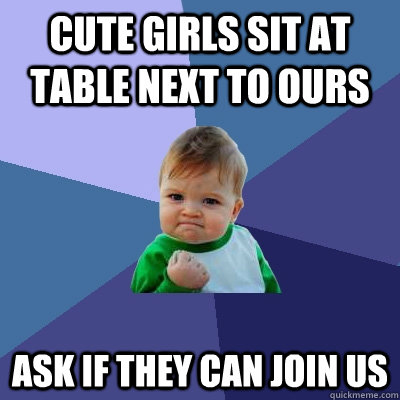 cute girls sit at table next to ours ask if they can join us  Success Kid