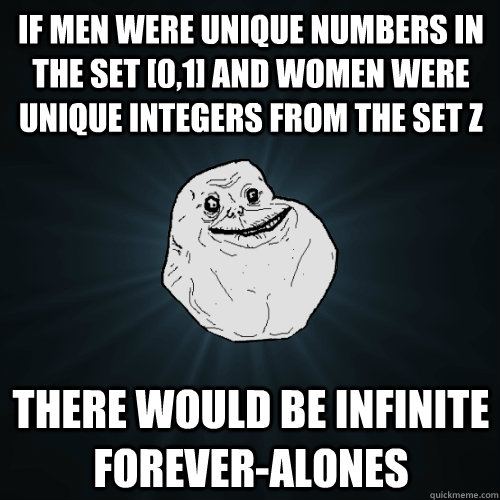 If men were unique numbers in the set [0,1] and women were unique integers from the set Z There would be infinite forever-alones  Forever Alone