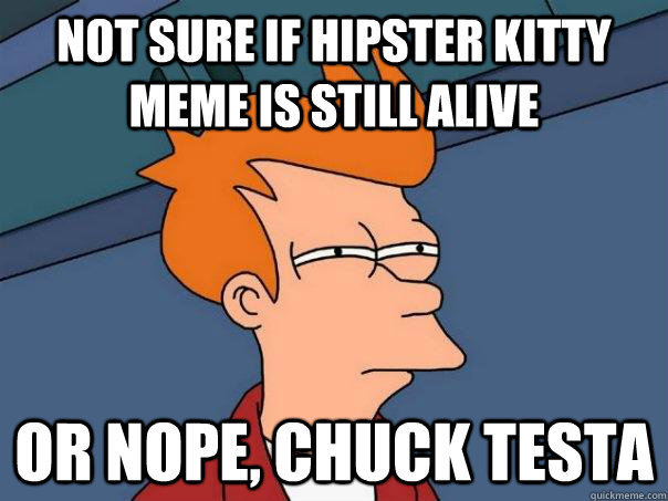 Not sure if hipster kitty meme is still alive or nope, chuck testa  Futurama Fry