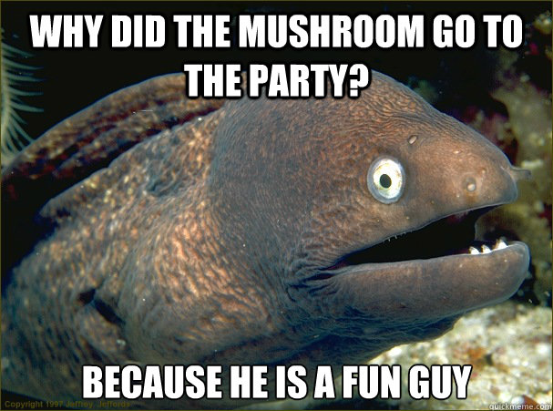 Why did the mushroom go to the party? Because he is a fun guy - Why did the mushroom go to the party? Because he is a fun guy  Bad Joke Eel