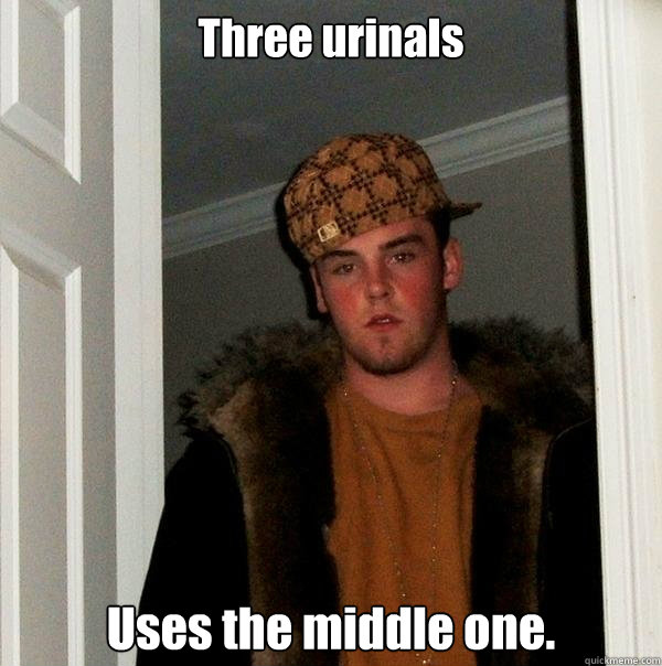 Three urinals Uses the middle one.  Scumbag Steve