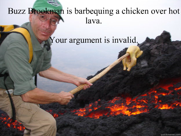 Buzz Brookman is barbequing a chicken over hot lava.

Your argument is invalid.

  - Buzz Brookman is barbequing a chicken over hot lava.

Your argument is invalid.

   Argument invalid