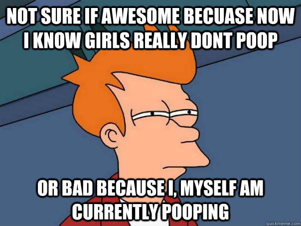 Not sure if awesome becuase now i know girls really dont poop Or bad because i, myself am currently pooping  Futurama Fry