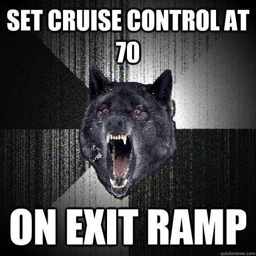 set cruise control at 70 on exit ramp  Insanity Wolf