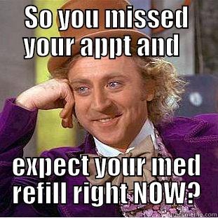 Lame patient - SO YOU MISSED YOUR APPT AND   EXPECT YOUR MED REFILL RIGHT NOW? Condescending Wonka