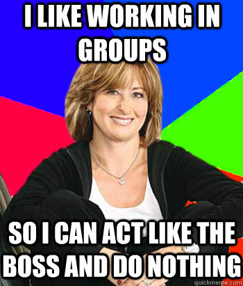 I like working in Groups So I can act like the boss and do nothing  Sheltering Suburban Mom