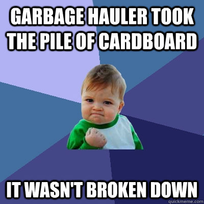 Garbage hauler took the pile of cardboard it wasn't broken down  Success Kid