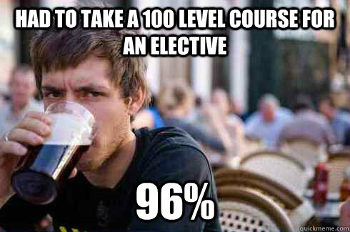 Had to take a 100 level course for an elective 96% - Had to take a 100 level course for an elective 96%  Lazy College Senior