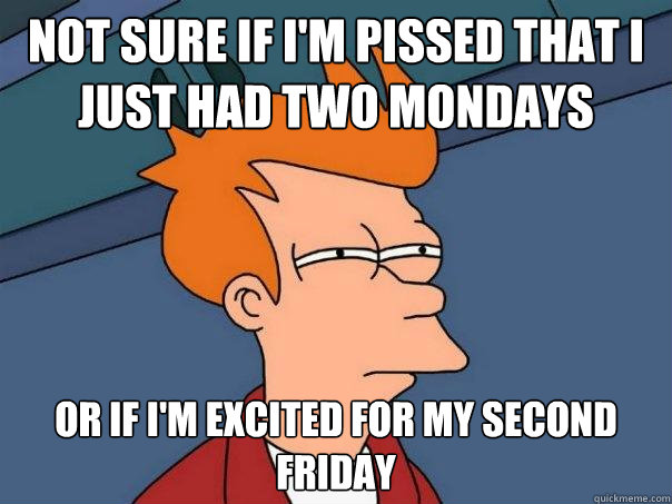 Not sure if i'm pissed that I just had two mondays or if i'm excited for my second friday - Not sure if i'm pissed that I just had two mondays or if i'm excited for my second friday  Futurama Fry