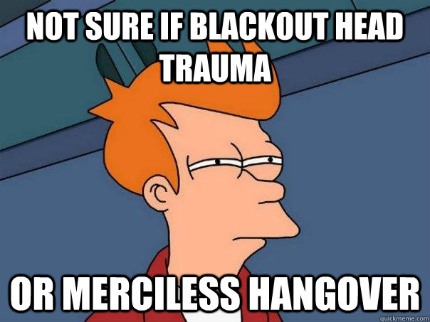 Not sure if blackout head trauma Or merciless hangover  Futurama Fry