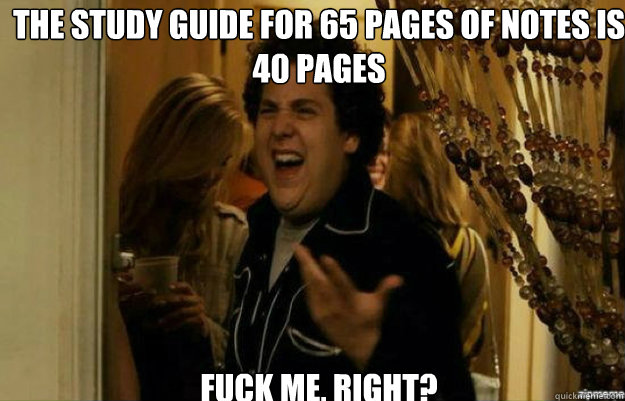 The study guide for 65 pages of notes is 40 pages FUCK ME, RIGHT?  fuck me right