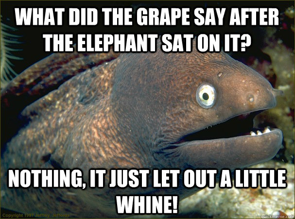 What did the grape say after the elephant sat on it? Nothing, it just let out a little whine!  Bad Joke Eel