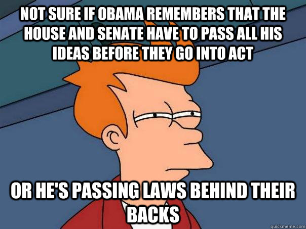 Not sure if Obama remembers that the House and Senate have to pass all his ideas before they go into act Or he's passing laws behind their backs - Not sure if Obama remembers that the House and Senate have to pass all his ideas before they go into act Or he's passing laws behind their backs  Futurama Fry