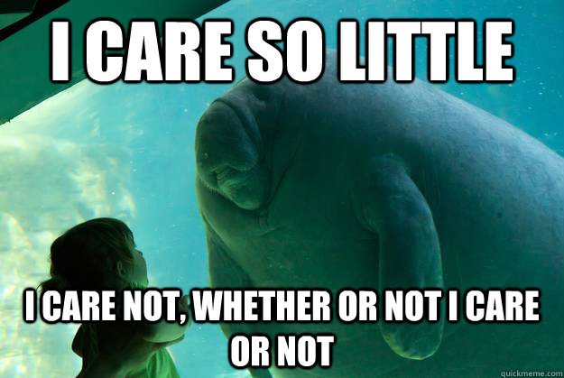 I care so little I care not, whether or not I care or not - I care so little I care not, whether or not I care or not  Overlord Manatee