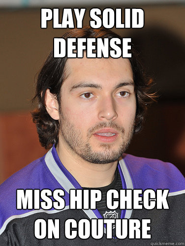 play solid defense miss hip check on couture  Drew doughty