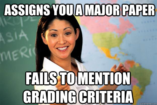 Assigns you a major paper fails to mention grading Criteria - Assigns you a major paper fails to mention grading Criteria  Unhelpful High School Teacher