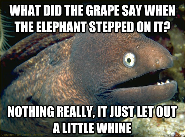 What did the grape say when the elephant stepped on it? nothing really, it just let out a little whine - What did the grape say when the elephant stepped on it? nothing really, it just let out a little whine  Bad Joke Eel