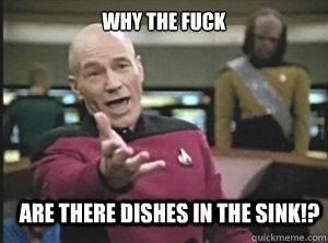 Why the fuck are there dishes in the sink!?  Annoyed Picard