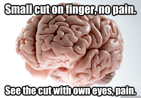 Small cut on finger, no pain. See the cut with own eyes, pain.   Scumbag Brain