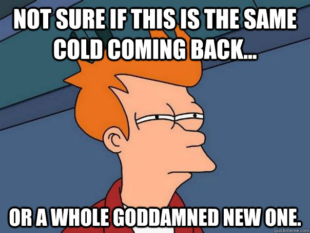 Not sure if this is the same cold coming back... Or a whole goddamned new one. - Not sure if this is the same cold coming back... Or a whole goddamned new one.  Futurama Fry