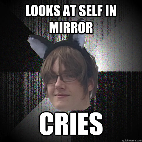 Looks at self in mirror cries - Looks at self in mirror cries  Wimpy wolf