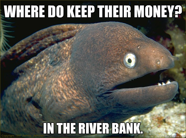 Where do keep their money? In the river bank.  Bad Joke Eel