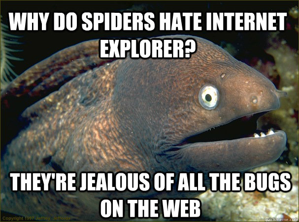 They're jealous of all the bugs on the web Why do spiders hate Internet explorer?  Bad Joke Eel