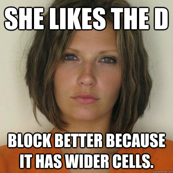 She likes the D Block better because it has wider cells.  Attractive Convict