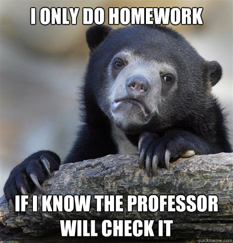 I only do homework if i know the professor will check it  Confession Bear