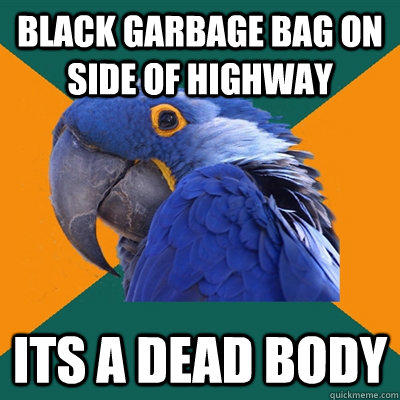 BLACK GARBAGE BAG ON SIDE OF HIGHWAY ITS A DEAD BODY - BLACK GARBAGE BAG ON SIDE OF HIGHWAY ITS A DEAD BODY  Paranoid Parrot