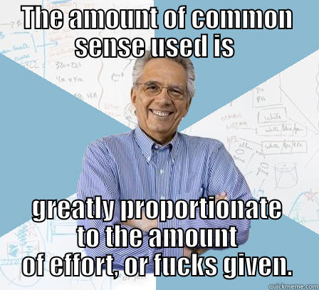 THE AMOUNT OF COMMON SENSE USED IS  GREATLY PROPORTIONATE TO THE AMOUNT OF EFFORT, OR FUCKS GIVEN. Engineering Professor