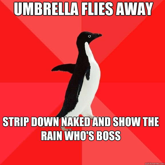 Umbrella flies away Strip down naked and show the rain who's boss  Socially Awesome Penguin