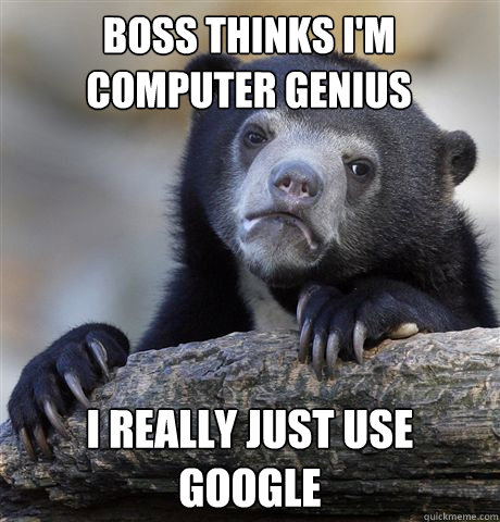 BOSS THINKS I'M COMPUTER GENIUS I REALLY JUST USE GOOGLE  Confession Bear