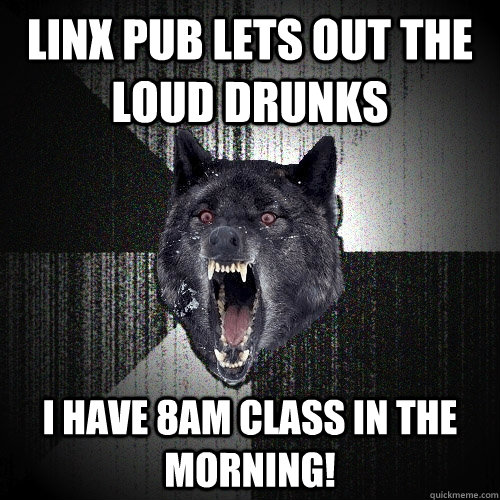 LinX Pub Lets Out The Loud Drunks I Have 8am class in the morning!  Insanity Wolf