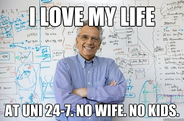 i love my life at uni 24-7. no wife. no kids.  Engineering Professor