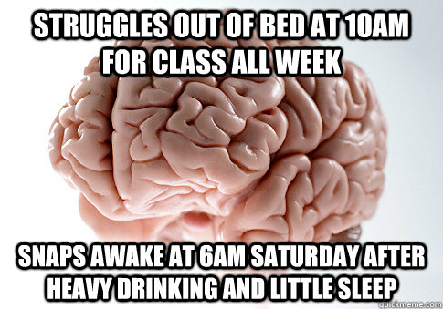 Struggles out of bed at 10am for class all week snaps awake at 6am Saturday after heavy drinking and little sleep  Scumbag Brain